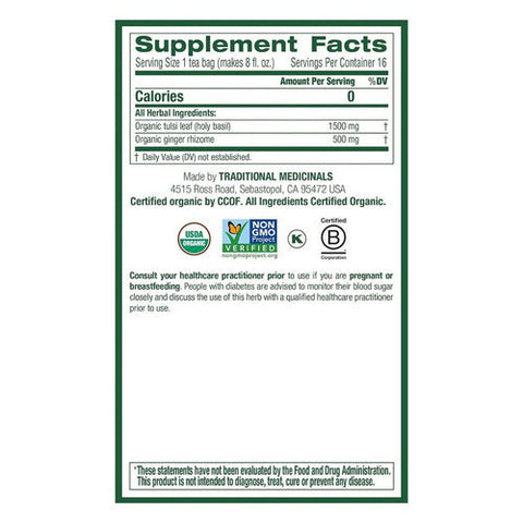 Traditional Medicinals, Organic Tea Tulsi With Ginger, 16 Bags Traditional Medicinals