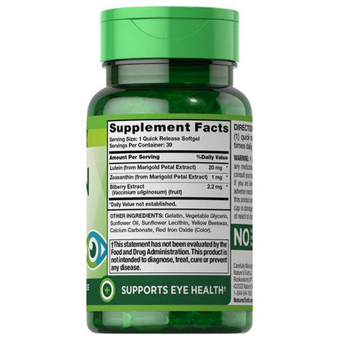 Nature's Truth, Lutein Plus Zeaxanthin & Bilberry Quick Release Softgels, 20 Mg, 39 Caps Nature's Truth