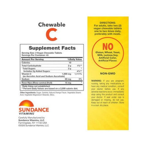 Sundance, Vitamin C Chewable Tablets Natural Orange Flavor, 500 mg, 90 Tabs Sundance
