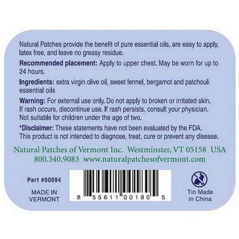 Natural Patches of Vermont, Vermont Sweet Fennel Appetite Suppressant Formula Essential Oil Patch, 1 Count Natural Patches of Vermont