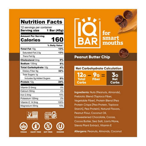 IQ Bar, Peanut Butter Chip Bar, 1.6 Oz(Case Of 12) IQ Bar