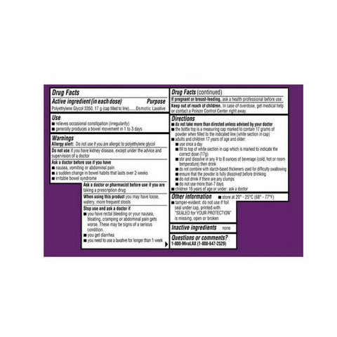 Miralax, Polyethylene Glycol 3350 Osmotic Laxative Powder Unflavored, 8.3 Oz Miralax